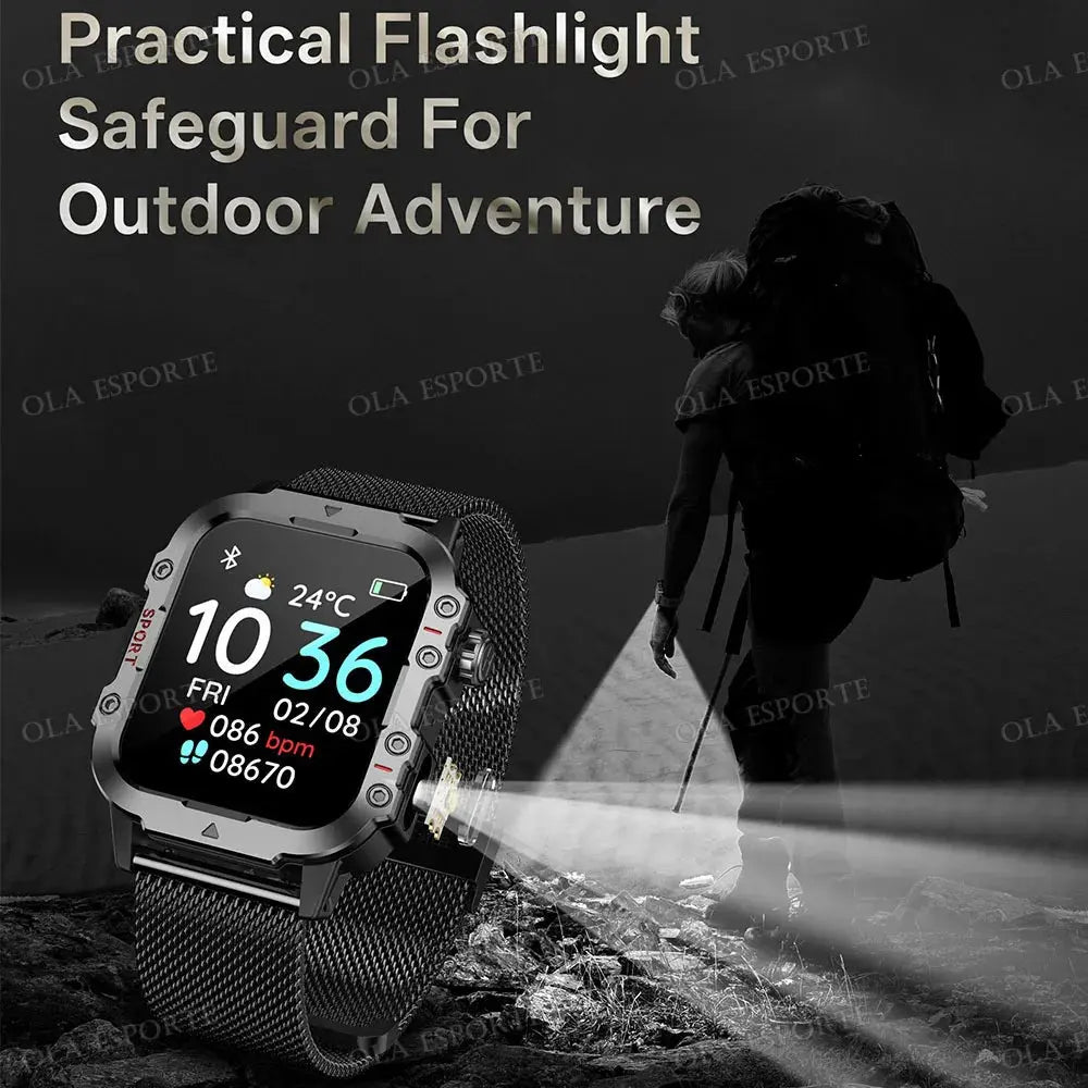 Jhonnyshop rugged outdoor smart watch with Bluetooth calling and fitness tracking features, shown with a black band and digital display.