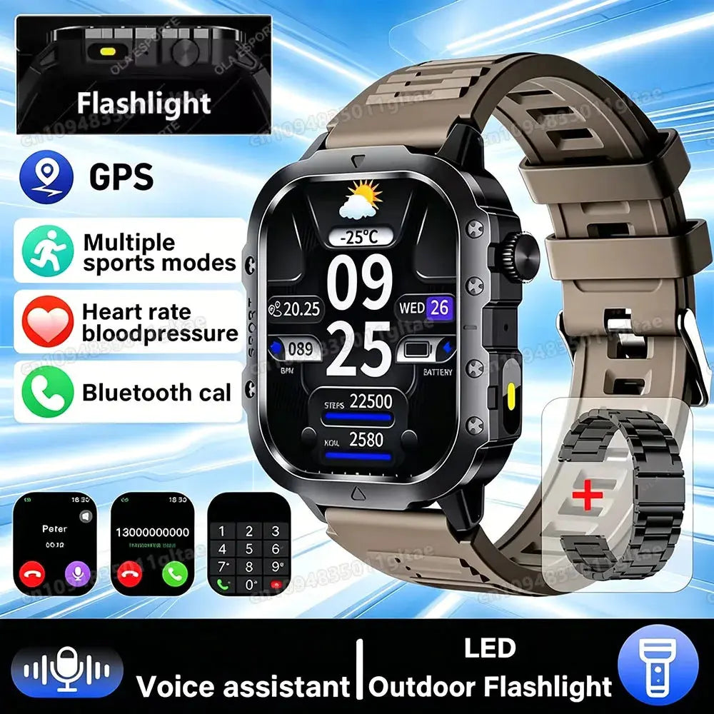 Rugged outdoor smart watch by Jhonnyshop with Bluetooth calling and fitness tracking features, displayed on a wrist outdoors.