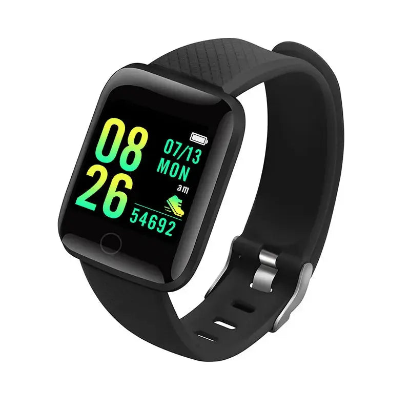 Jhonnyshop Bluetooth fitness smartwatch displaying heart rate monitor, digital time, and alert notifications on a black band.