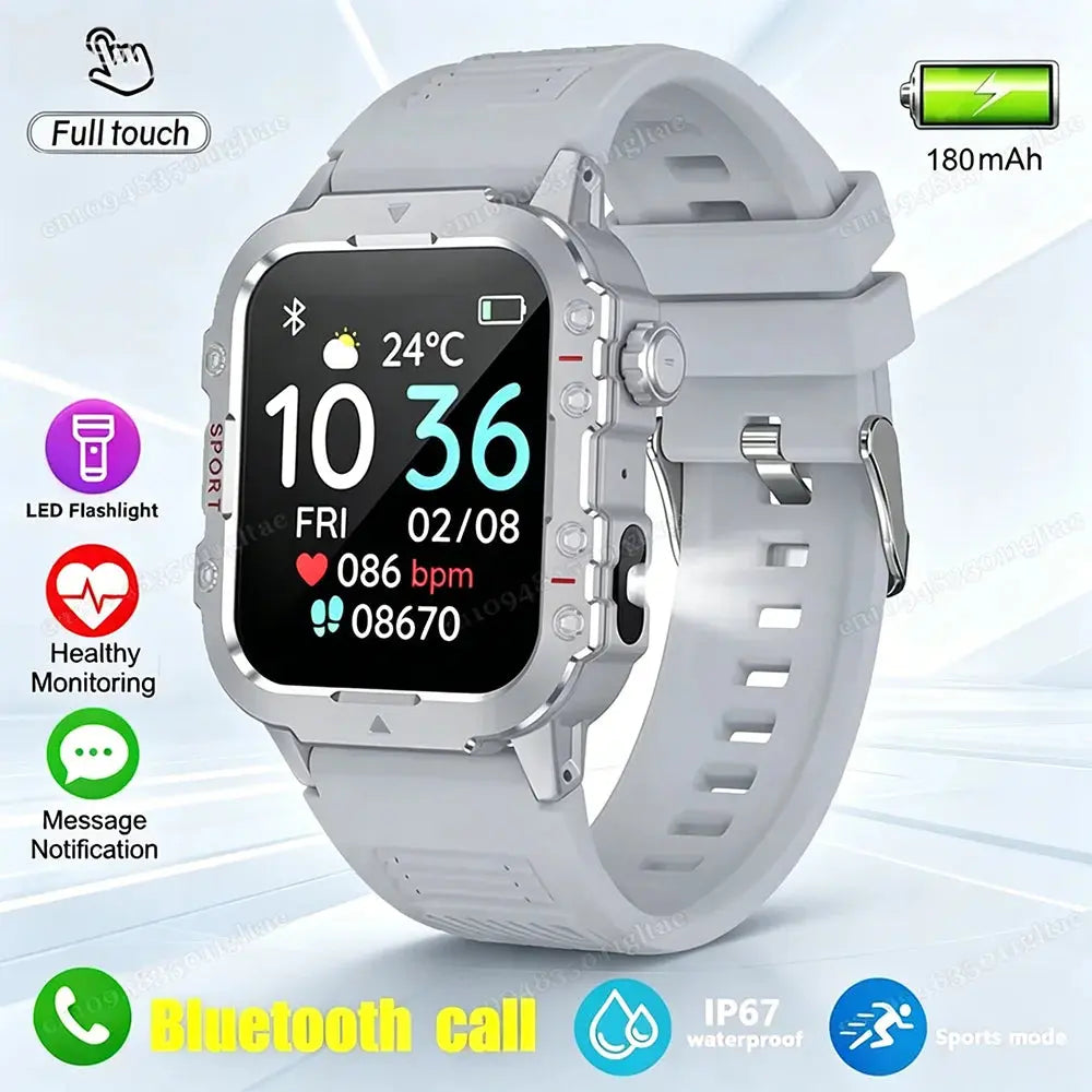 Rugged outdoor smart watch by Jhonnyshop with Bluetooth call function and fitness tracking features, displayed on a wrist.