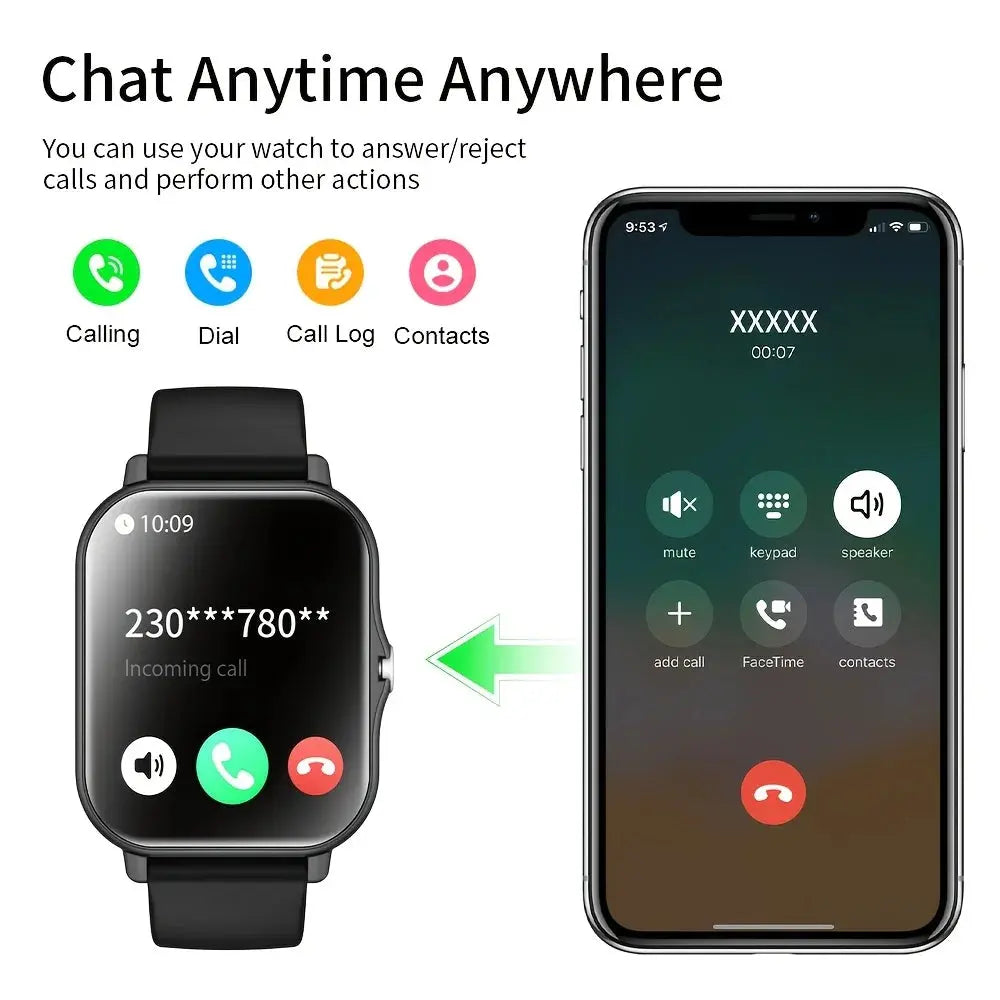 Jhonnyshop 1.83-inch touchscreen smart watch displaying fitness stats and incoming call screen with sleek black band