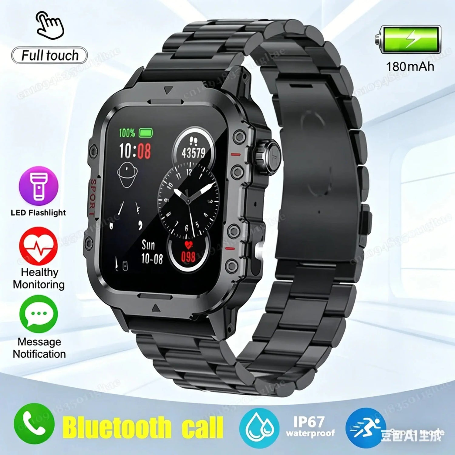 Rugged outdoor smart watch by Jhonnyshop with Bluetooth call functionality and fitness tracking features.
