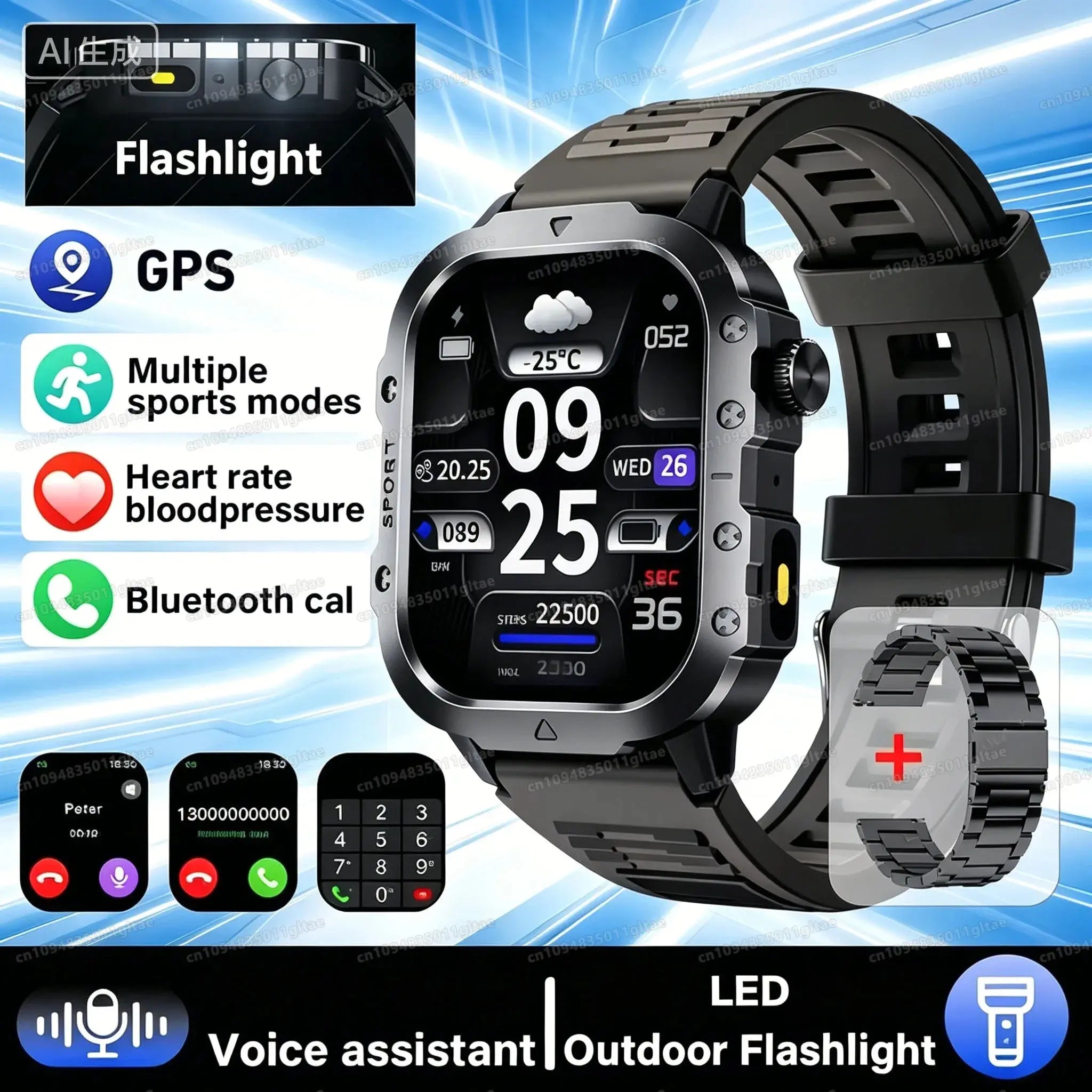 Rugged outdoor smart watch by Jhonnyshop with Bluetooth calling, fitness tracking, and durable design for active use.