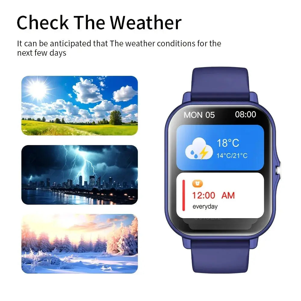 Jhonnyshop 1.83-inch touchscreen smart watch with fitness tracker and call functionality, displaying digital watch face and health data.