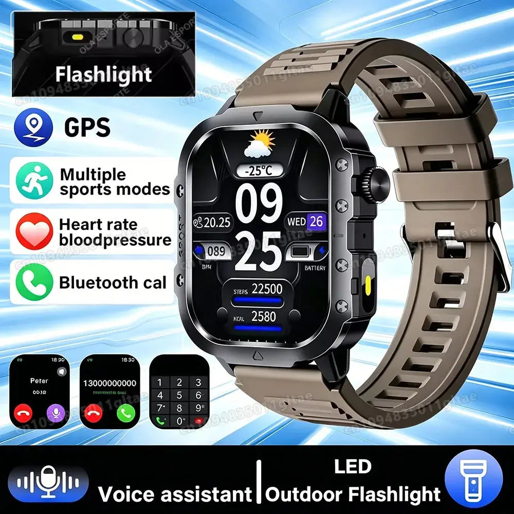 Jhonnyshop rugged outdoor smart watch with Bluetooth calling and fitness tracking, showing a digital display with fitness icons.