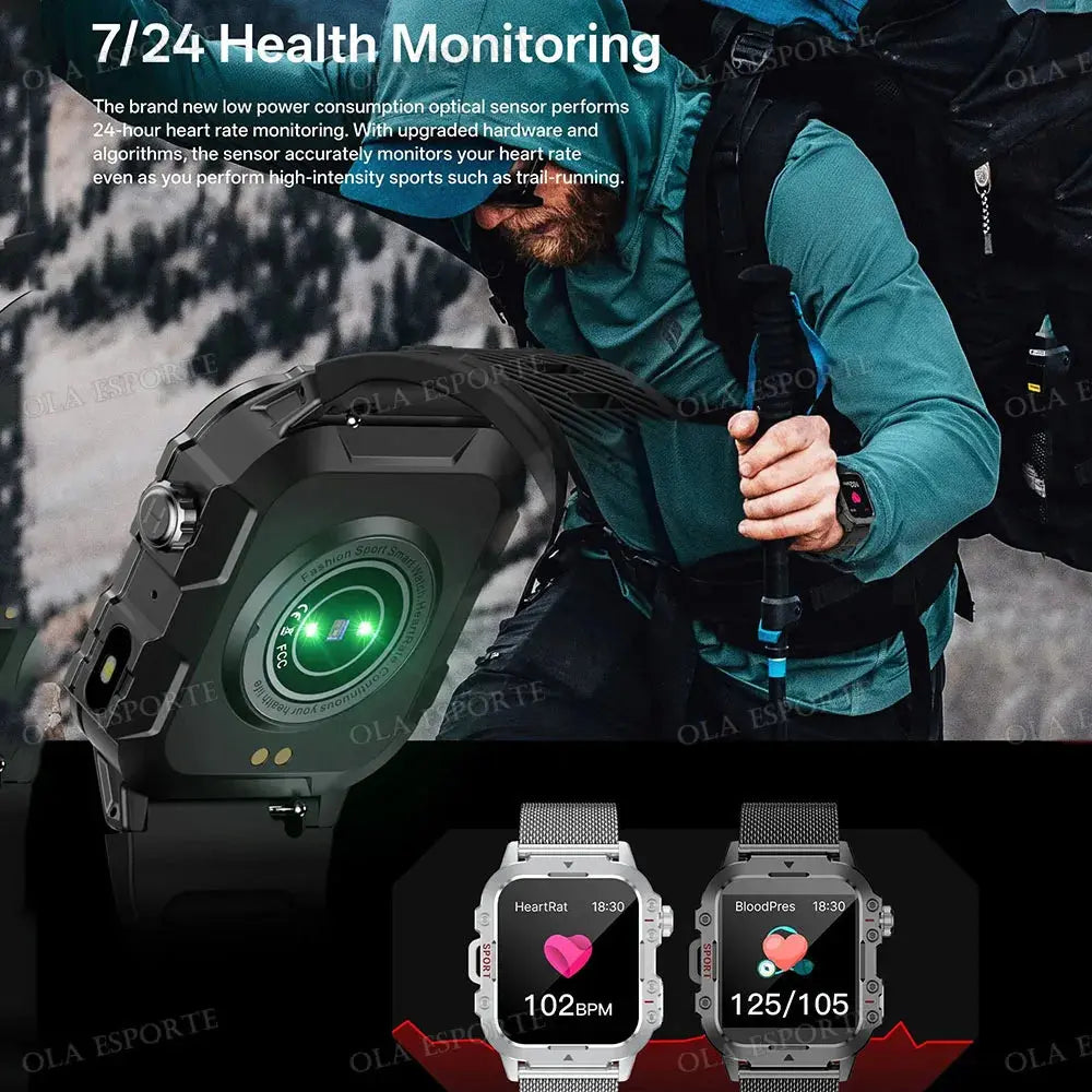 Rugged outdoor smart watch by Jhonnyshop with Bluetooth call capability, fitness tracking, and durable design for active use.