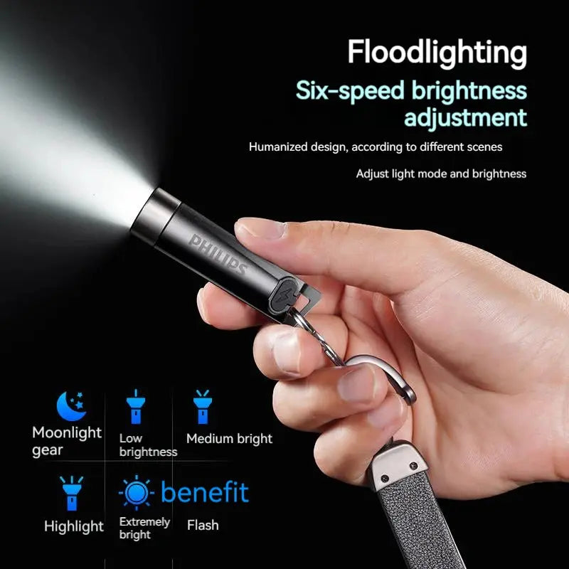 Mini rechargeable EDC keychain flashlight by Jhonnyshop with Type-C charging and three adjustable light modes.