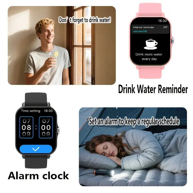 Jhonnyshop 1.83-inch smart watch with wireless calling, AI voice, and sleek black design showing the watch face and side buttons.