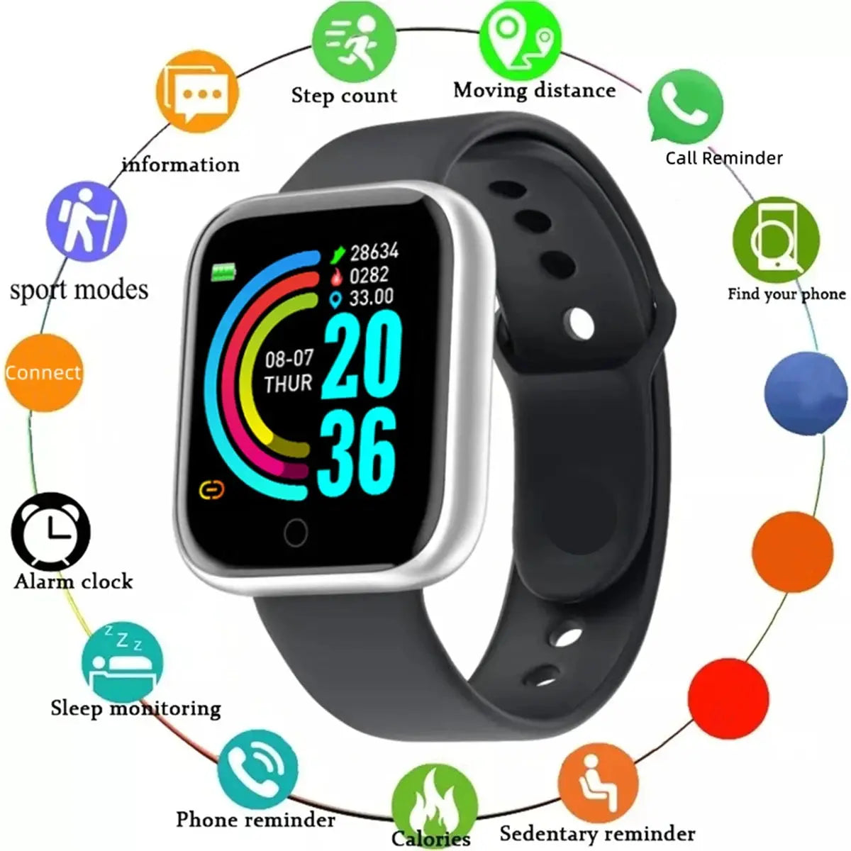 Jhonnyshop Bluetooth fitness smartwatch with heart rate monitor, digital display, and alert notifications on a black band.