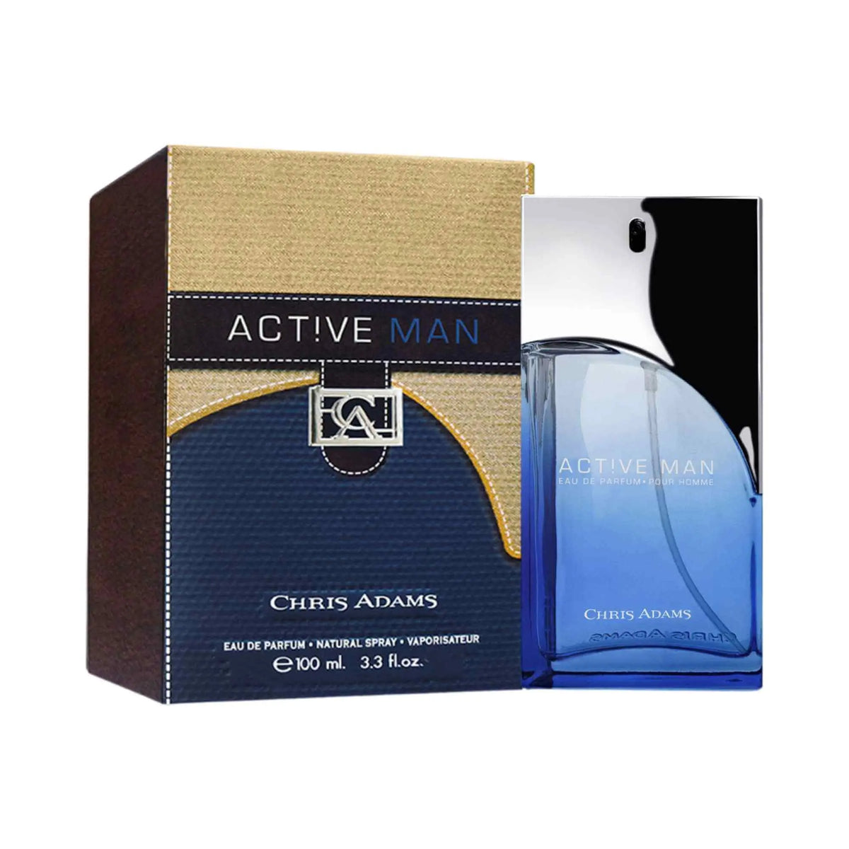 Chris Adams Active Man Eau de Parfum by Amani Manor in a 100mL bottle with box, featuring a sleek design and masculine fragrance.