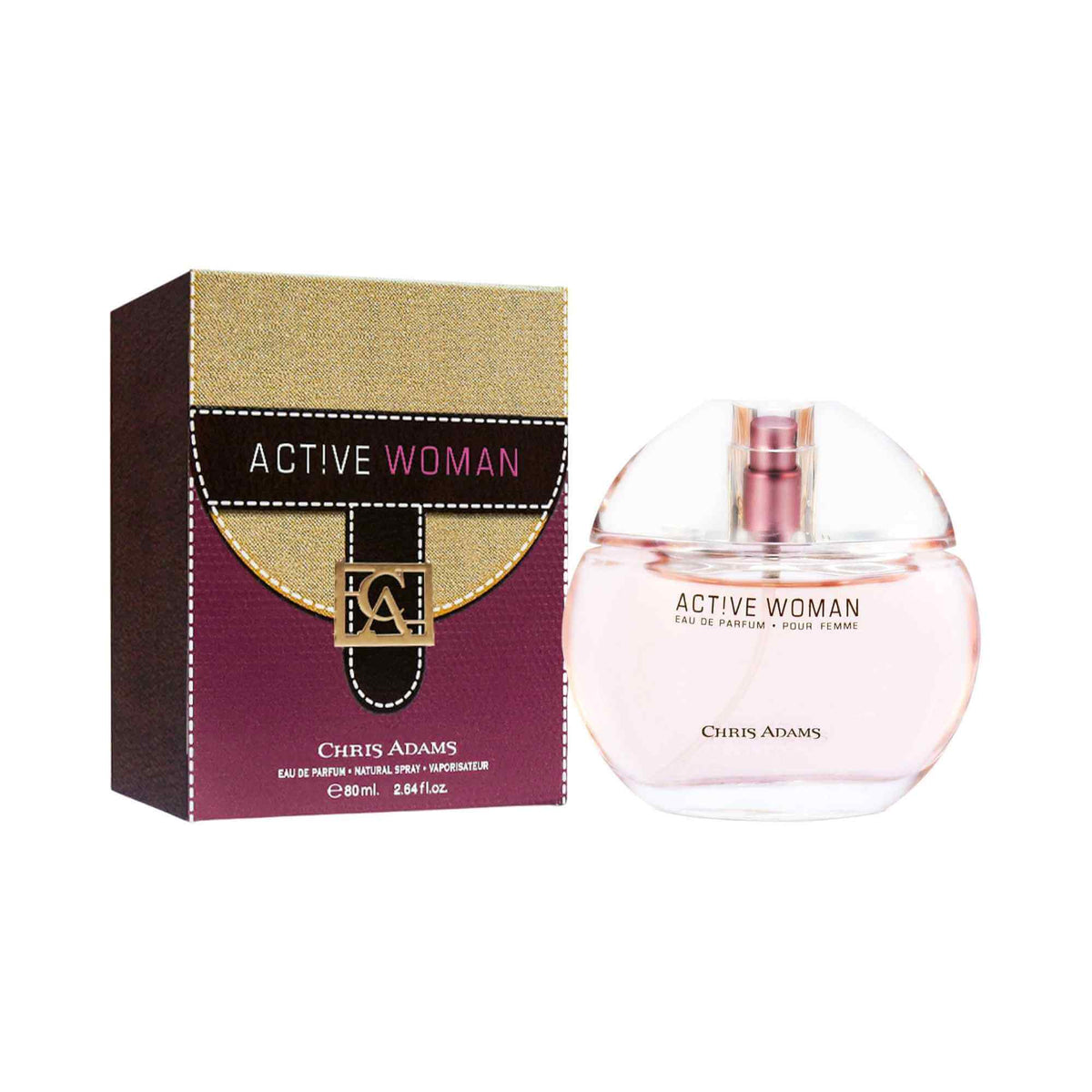 Chris Adams Active Woman Eau de Parfum bottle with box, 80mL, from Amani Manor, featuring a sleek design and elegant packaging.