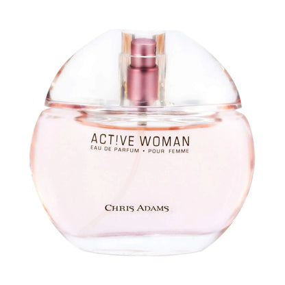 Amani Manor Chris Adams Active Woman Eau de Parfum bottle, 80mL, sleek glass container with a modern design.