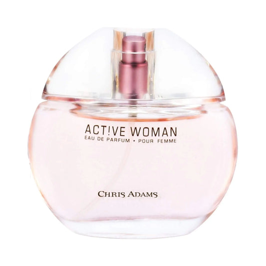 Amani Manor Chris Adams Active Woman Eau de Parfum bottle, 80mL, sleek glass container with a modern design.