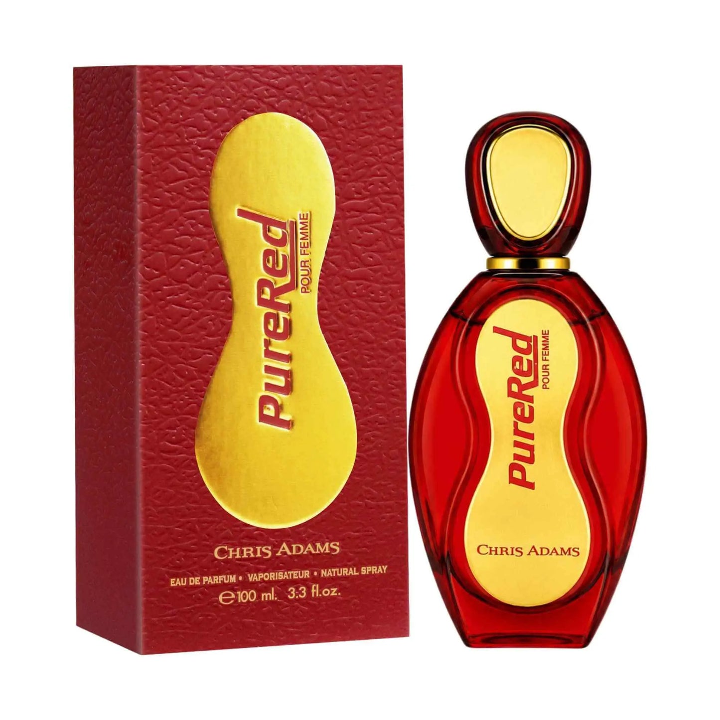 Chris Adams Pure Red Eau de Parfum for Women in a sleek red bottle with matching box, by Amani Manor.