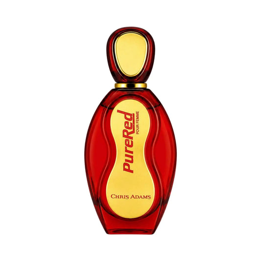 Chris Adams Pure Red Eau de Parfum for Women in 100mL bottle by Amani Manor, featuring a sleek red fragrance bottle.