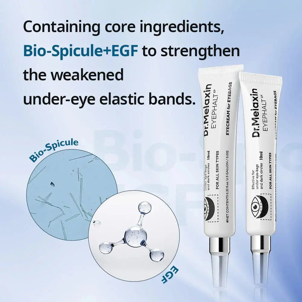 Lakinza Dr.Melaxin Eyephalt Eye Cream for eyebags, 10ml, in a sleek tube with a white and blue design.